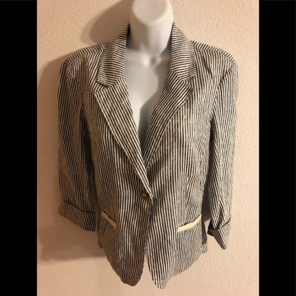 Michael Stars Linen One Button Jacket Blue White Size L Business Casual - Picture 1 of 7